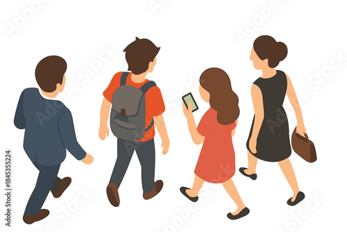 Diverse group of people walking together from an isometric perspective