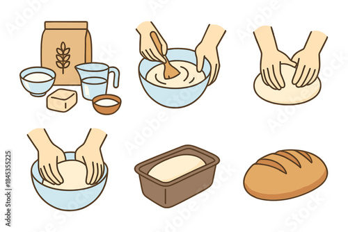 Six steps for homemade bread dough preparation and final baking process icons