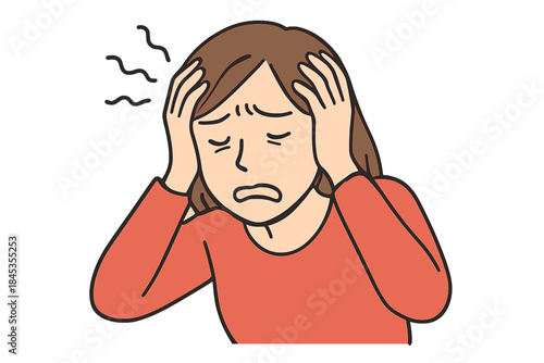 Woman holding head in distress with wavy lines indicating pain or stress
