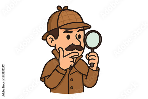 Cartoon detective character with magnifying glass pondering a mystery