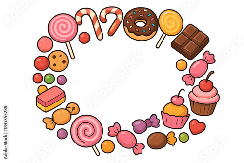 Colorful assortment of assorted candies and sweets forming a decorative border