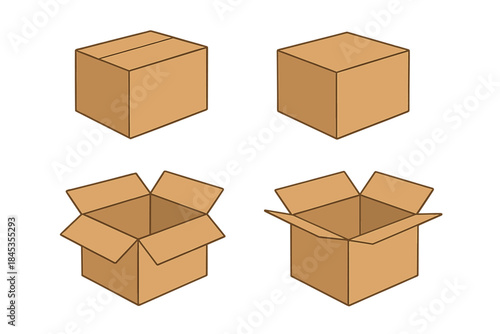 Set of four isometric brown cardboard shipping boxes in various states