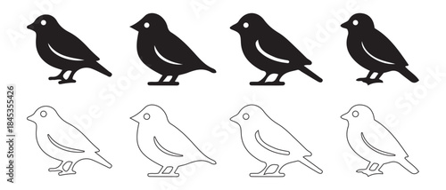 Bird Silhouette Icons. Solid and Outline Variants for Pattern, Grouping, or UI Design.