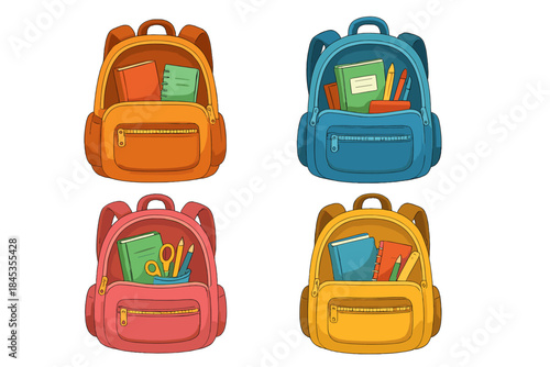 Four colorful backpacks loaded with essential school supplies