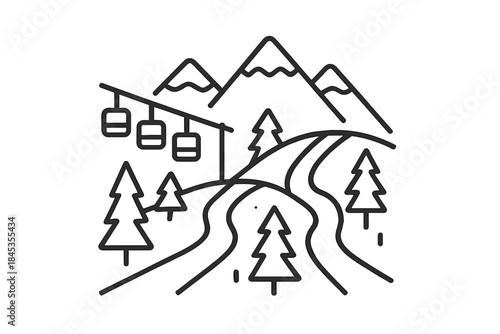 Mountain landscape with ski lift gondolas and pine trees