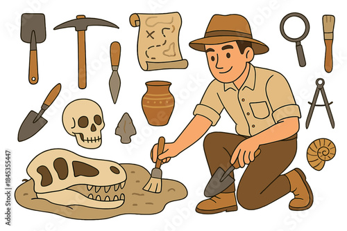 Archaeologist unearthing dinosaur fossil and ancient artifacts during excavation