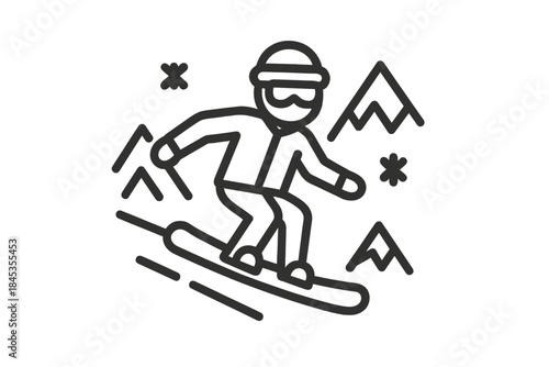 Snowboarder riding downhill with stylized mountains and snowflakes