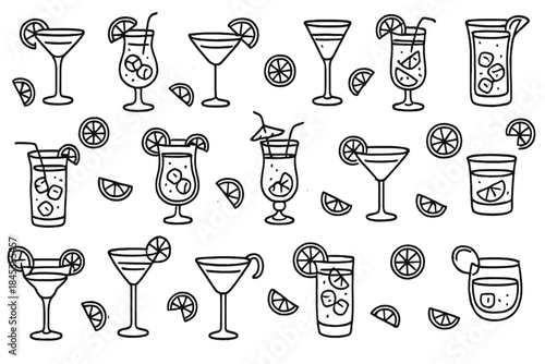 Hand drawn cocktail glasses assortment with fresh citrus fruit garnishes