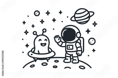 Friendly astronaut meets cute alien on distant planet surface