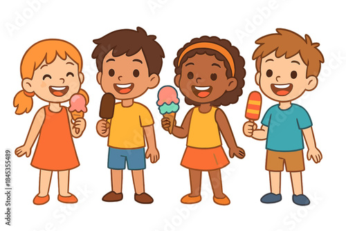 Happy diverse children enjoying various frozen sweet treats outdoors