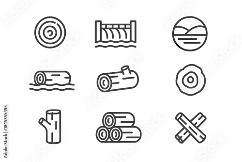Logging and timber industry outline icon set with wood cross sections and dam