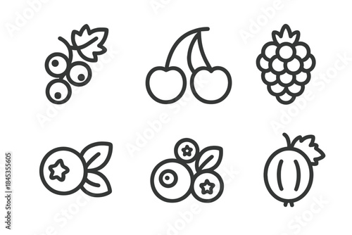 Set of six outline icons representing various types of berries and fruit