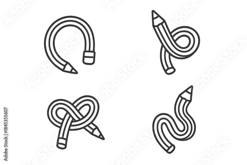 Four flexible and knotted pencil line icons in various curved shapes