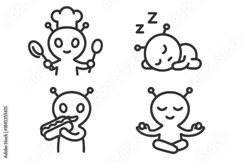 Set of four cute alien characters performing daily activities like cooking and sleeping