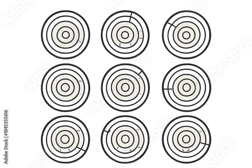 Concentric circle diagrams with segmented progress indicators for metrics and stages