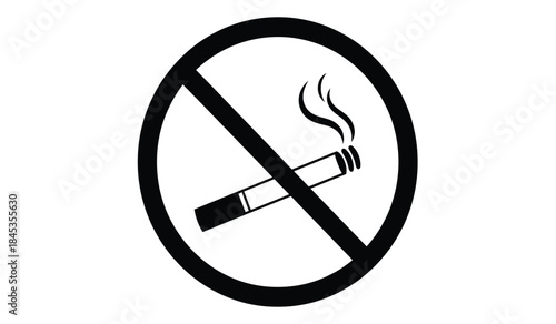 a black and white image depicts a circular no smoking sign featuring a diagonally crossed cigarette to indicate prohibition of smoking indoors