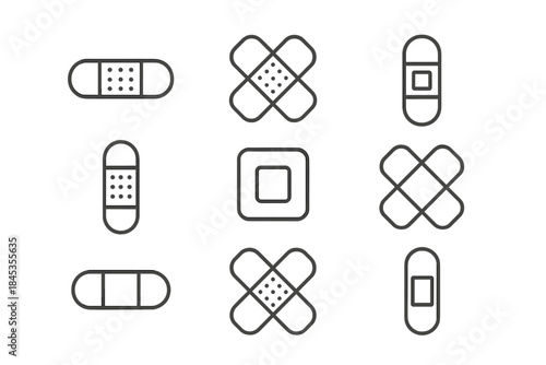 Various adhesive bandage and plaster line icons for first aid