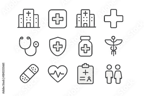 Basic medical and healthcare outline icons for clinic services and patient care