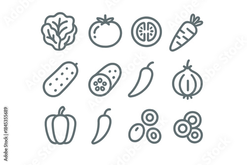 Twelve outline icons of fresh vegetable and food ingredients for healthy eating