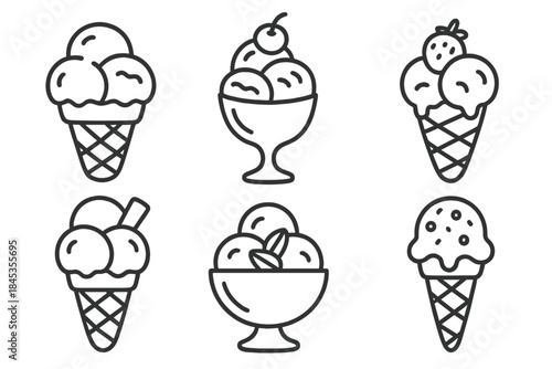 Six black and white icons representing ice cream and frozen desserts
