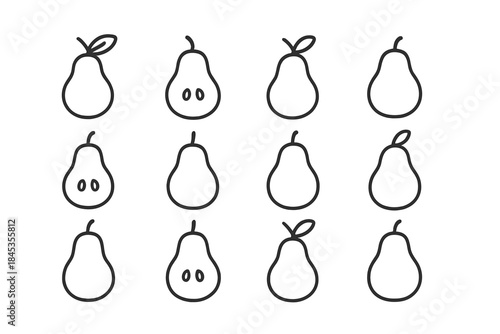 Twelve simple outline icons depicting whole and halved pears