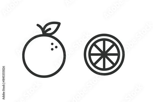 Simple outline icons of whole orange fruit and citrus slice