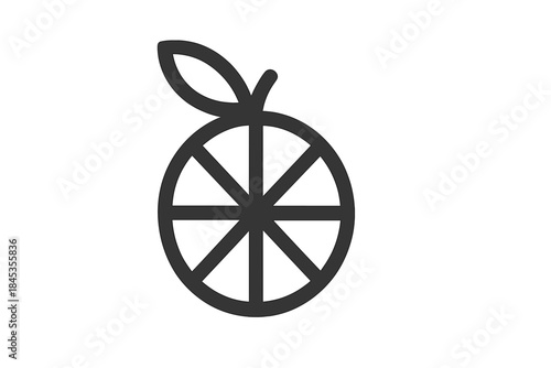 Minimalist black line icon of citrus fruit slice with leaf