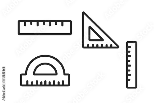 Geometric measuring tools icons: ruler, set square, and protractor collection