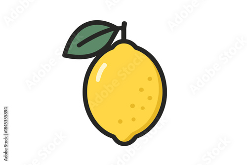Simple yellow lemon fruit icon with attached green leaf