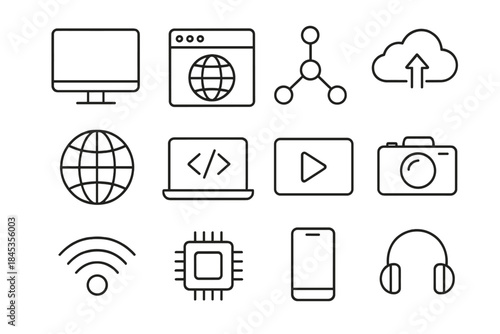 Modern digital technology and media outline icons set for interface design