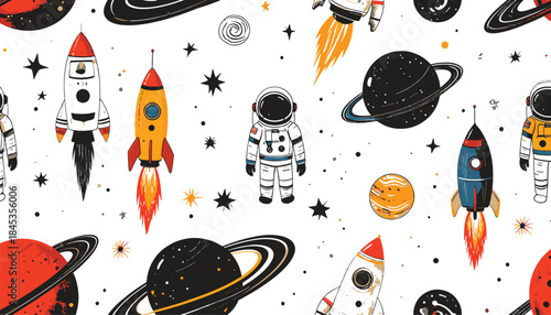 Vibrant cosmic exploration pattern featuring rockets, astronauts, and planets in a whimsical, illustrative style