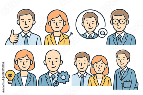 Diverse group of professional business people avatars with conceptual icons