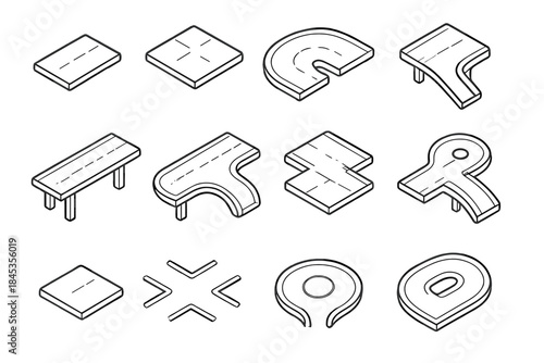 Isometric road track pieces for building custom game paths and layouts