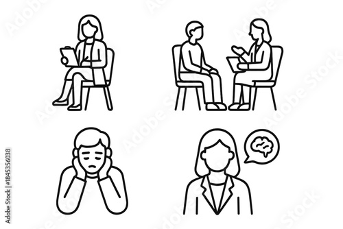Set of simple line icons for mental health therapy and psychological counseling concepts
