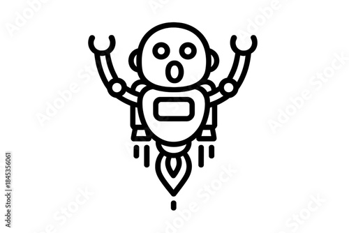 Surprised robot ascending rapidly using a personal jetpack