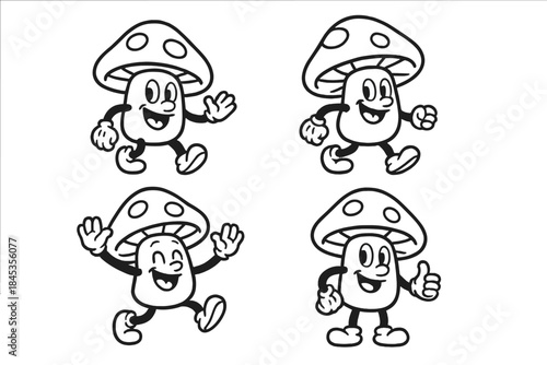 Four cheerful anthropomorphic mushroom characters in retro style