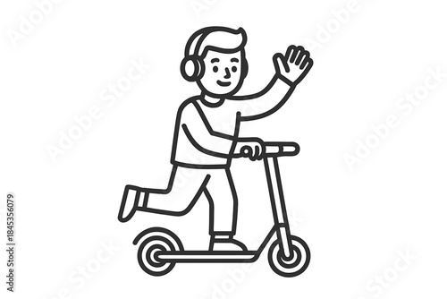 Smiling young man riding electric scooter wearing headphones and waving hand