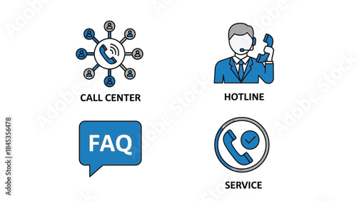 Vector illustration of Call center service icons with hotline and faq symbols for customer support and assistance needs