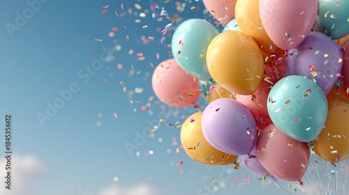Festive party background with colorful pastel balloons floating against light blue sky with confetti scattered in the air, joyous celebration.