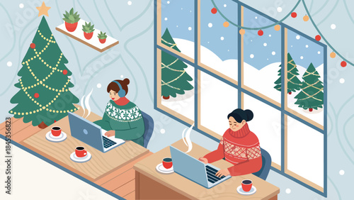 Cozy women working remotely on laptops by Christmas tree