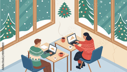 Couple working remotely together on laptops in cozy winter office