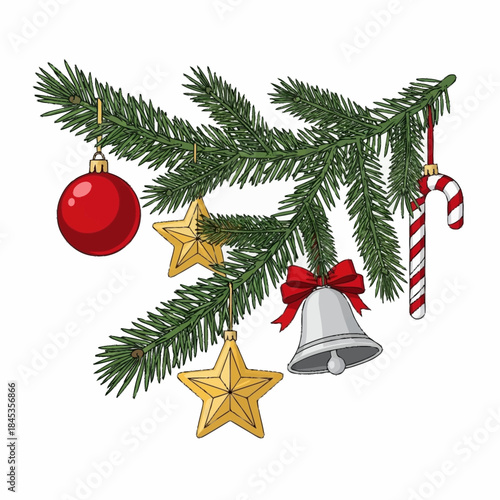 Christmas Tree Branch with Ornaments and Decorations.