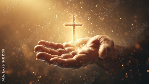 Hand holds glowing christian cross symbol of jesus christ and faith in god