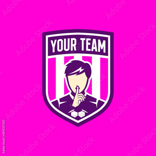 A dynamic football logo featuring a person in a "shh" gesture, symbolizing focus and unity.