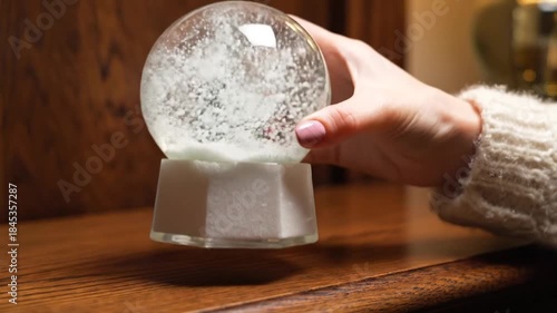 Close-up of a hand shaking a snow globe with a miniature house and Christmas tree inside, creating a winter wonderland scene.