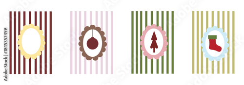 Collection of striped Christmas labels with scalloped frames showing a bauble tree and stocking for decorating winter gifts and organizing seasonal presents during family celebrations-1