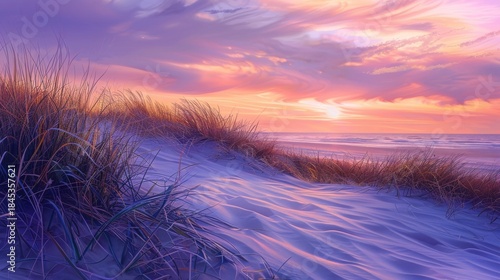 Vivid purple and orange sunset paints a tranquil scene over sandy beach dunes