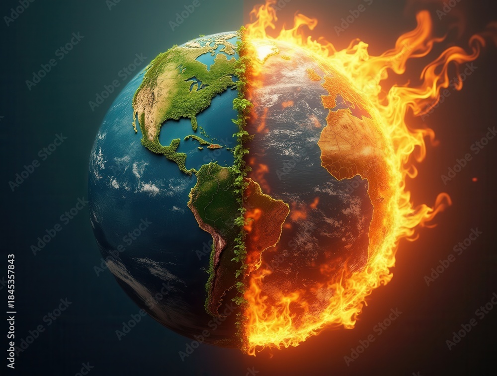 Fototapeta premium Earth divided between thriving nature and destructive fire