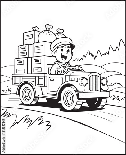Cute army soldier driving car going for camping outdoors black line art vector coloring page for  kids