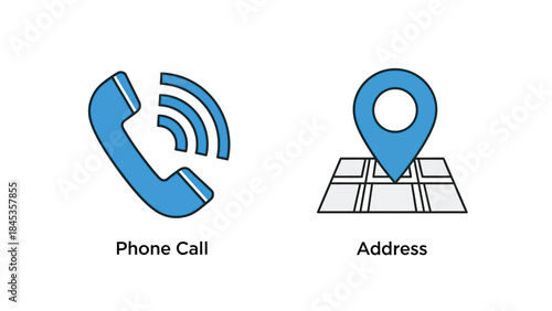 Vector illustration of Orange phone and map pin icons with phone call and address labels on white background